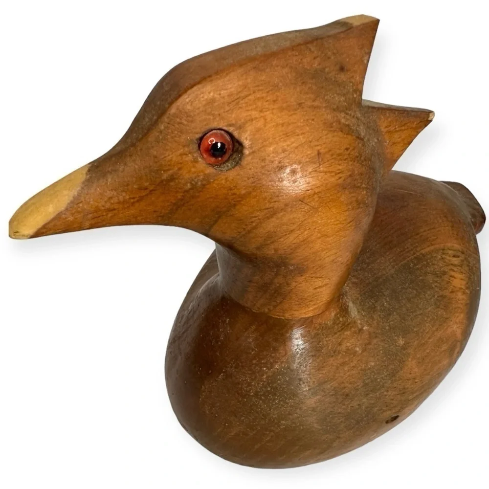 12.5” Wooden Carved Duck Decoy Brown Stripped Wood